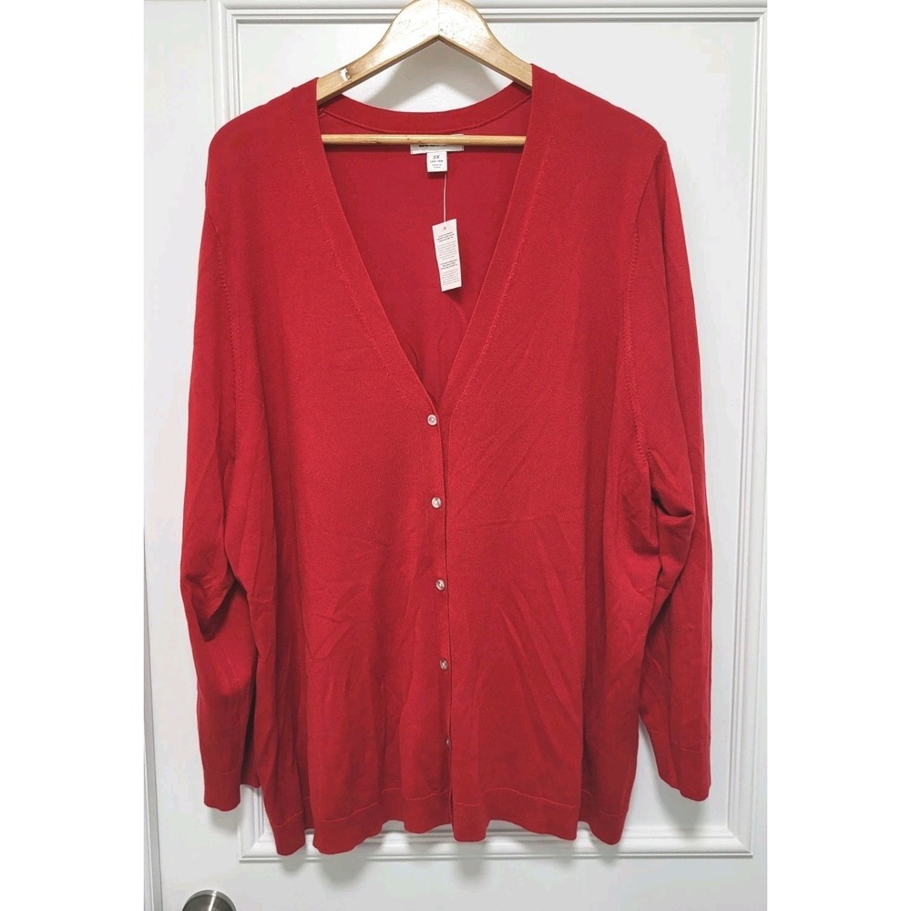 New Lands End Red Lightweight V Neck Cardigan Sweater Sz 3X
